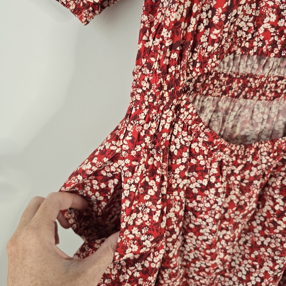 Apiece Apart Nova Red Floral Midi Dress M Organic Cotton Cut Out Back Pockets - Picture 8 of 16